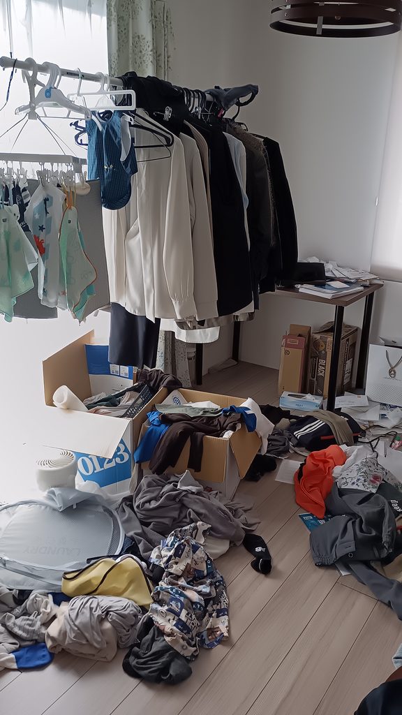 床や部屋に出ていた衣類、整理収納作業前の様子
